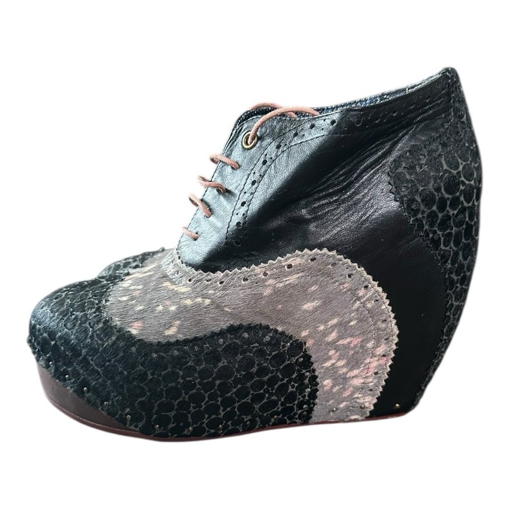 Irregular Choice Black and Grey Leopard Pony Hair Leather Wedge Bootie